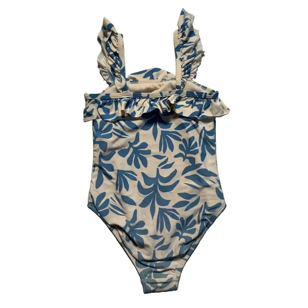 GB Girls One Piece Swimsuit Size 5 Blue White Tropical Ruffle